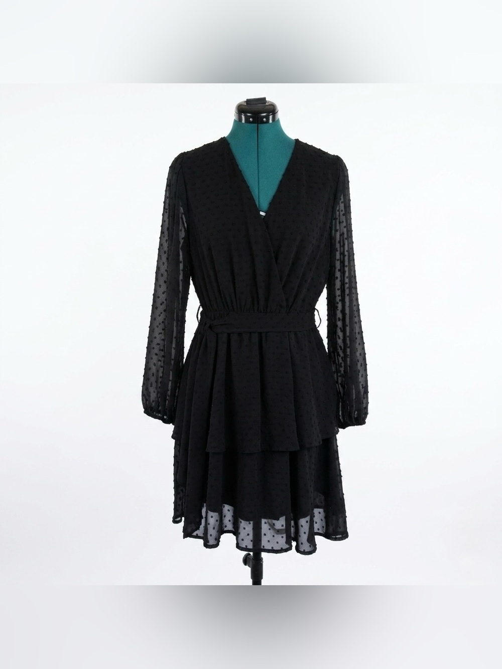 Grace Karin Black Sheer Swiss Dot Wrap Tiered Dress